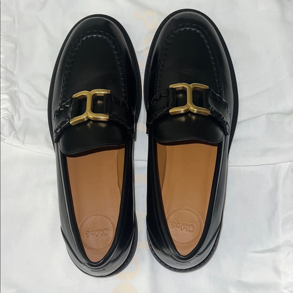 NWB Chloé Black Loafers with Gold Accent